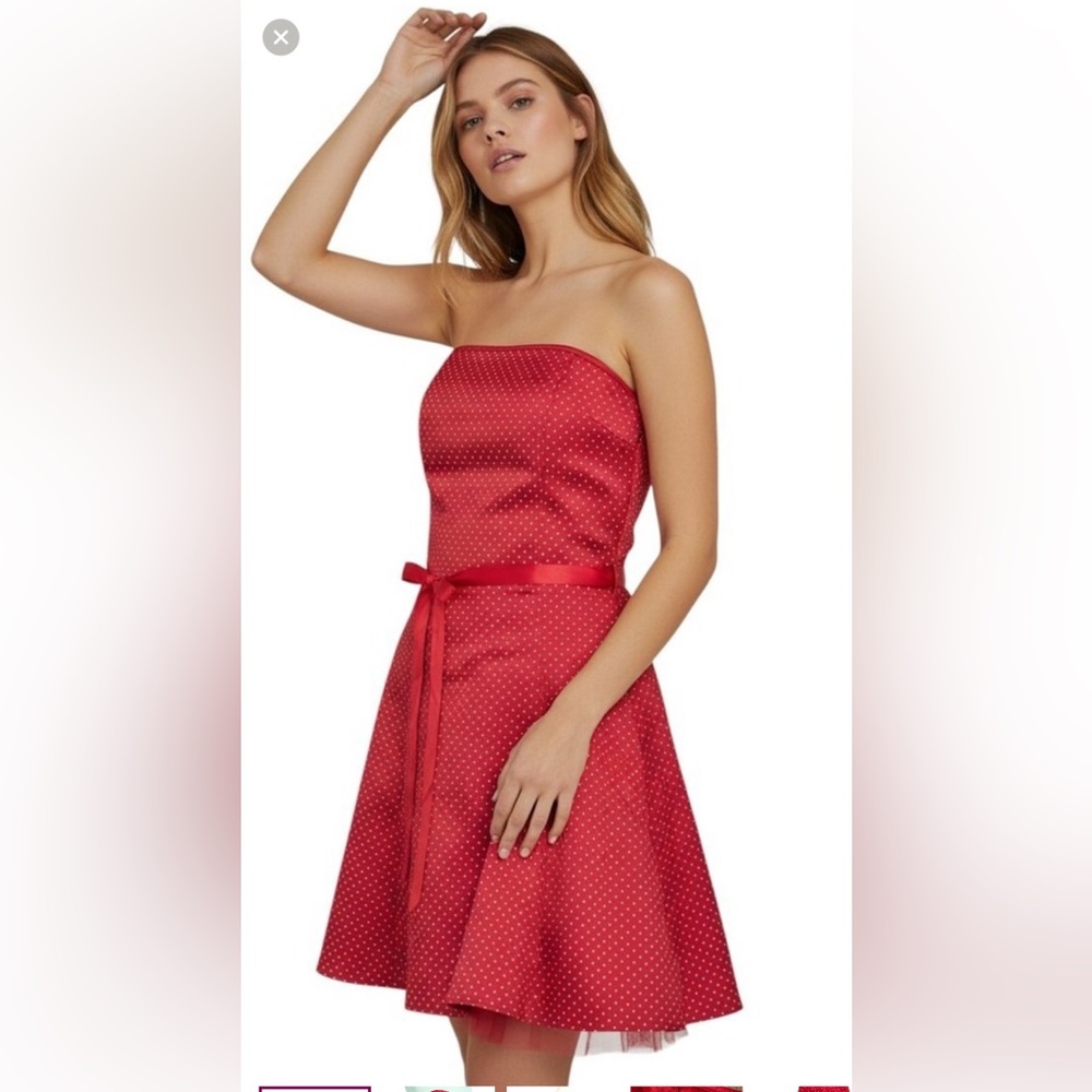 GUNNE SAX Jessica McClintock VTG RED Satin Polka Dot Strapless Dress Sz 11